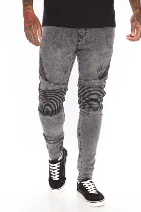 Acid Washed Biker Skinny Jeans - Acid Wash