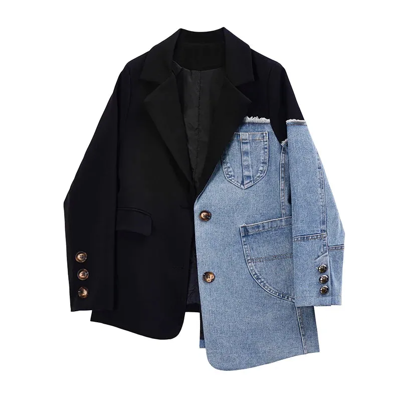 Aiertu Women Vintage Fashion Blazer Denim Patchwork Jackets Autumn Winter Irregular Coat Women Long Sleeve Loose Korean Outerwear