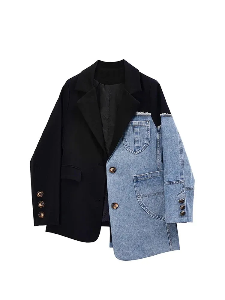 Aiertu Women Vintage Fashion Blazer Denim Patchwork Jackets Autumn Winter Irregular Coat Women Long Sleeve Loose Korean Outerwear