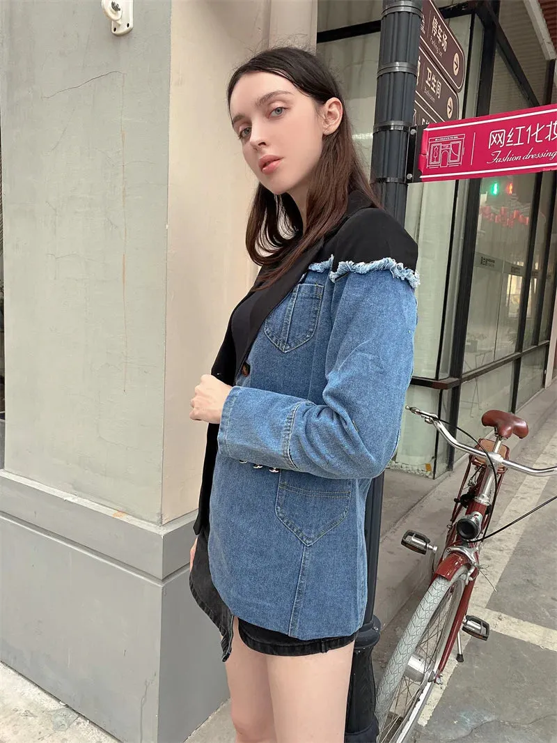 Aiertu Women Vintage Fashion Blazer Denim Patchwork Jackets Autumn Winter Irregular Coat Women Long Sleeve Loose Korean Outerwear