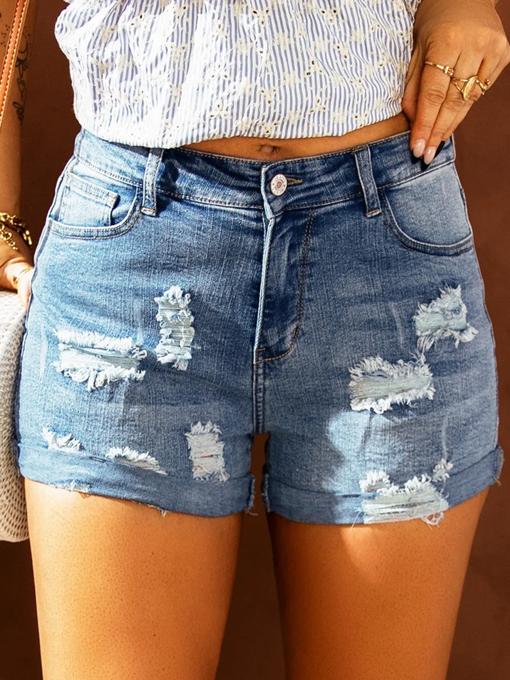 American Flag Print Denim Shorts with Lace Detail