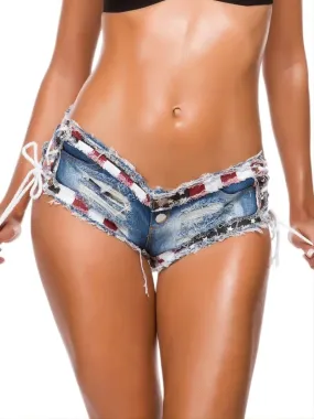 American Flag Print Denim Shorts with Lace Detail