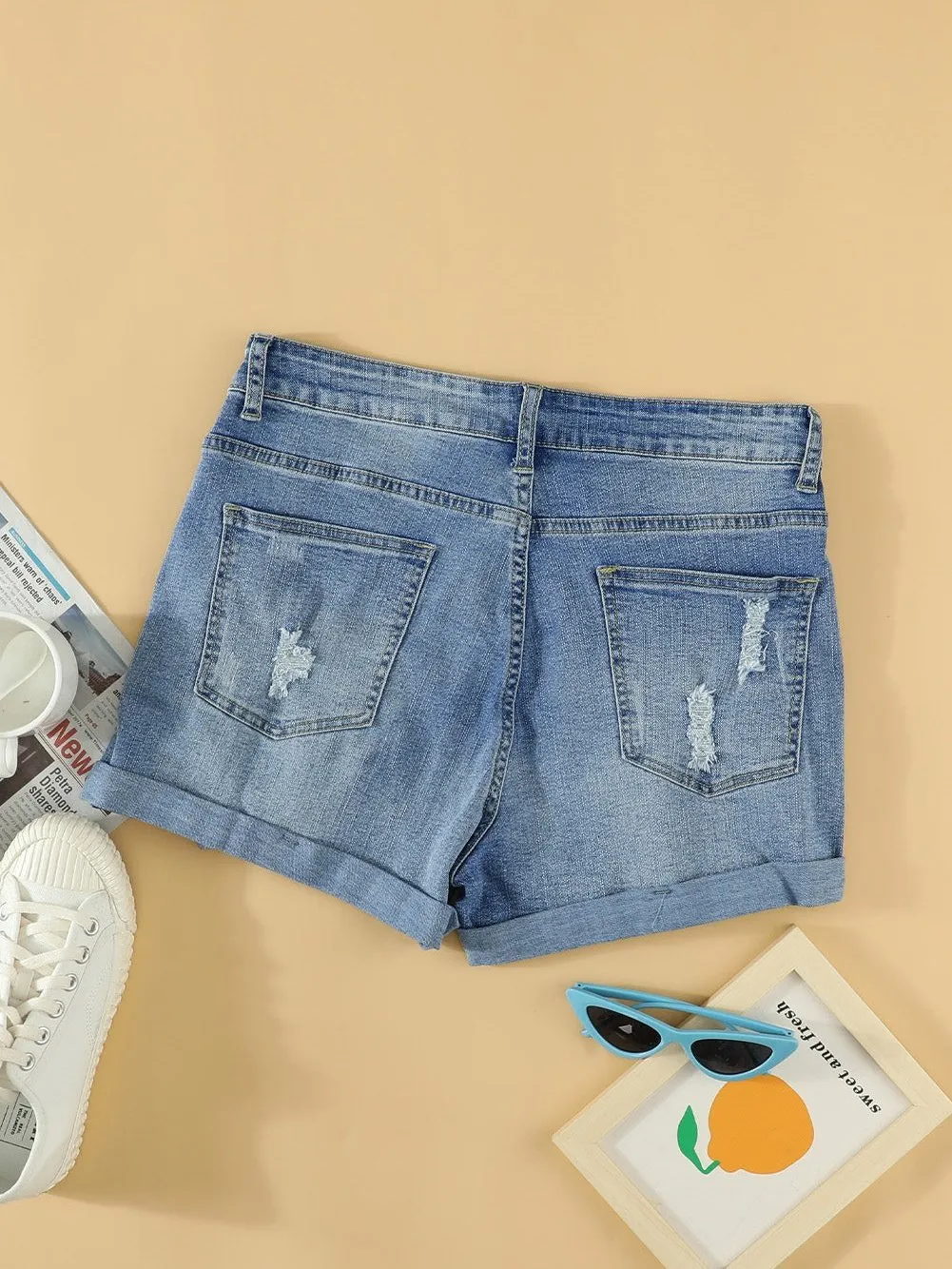 American Flag Print Denim Shorts with Lace Detail