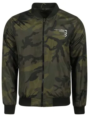 Ayles Camouflage Print Bomber Jacket in Khaki - Dissident