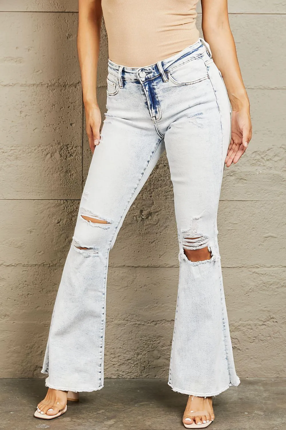 BAYEAS Mid Rise Flared Acid Wash Distressed Jeans