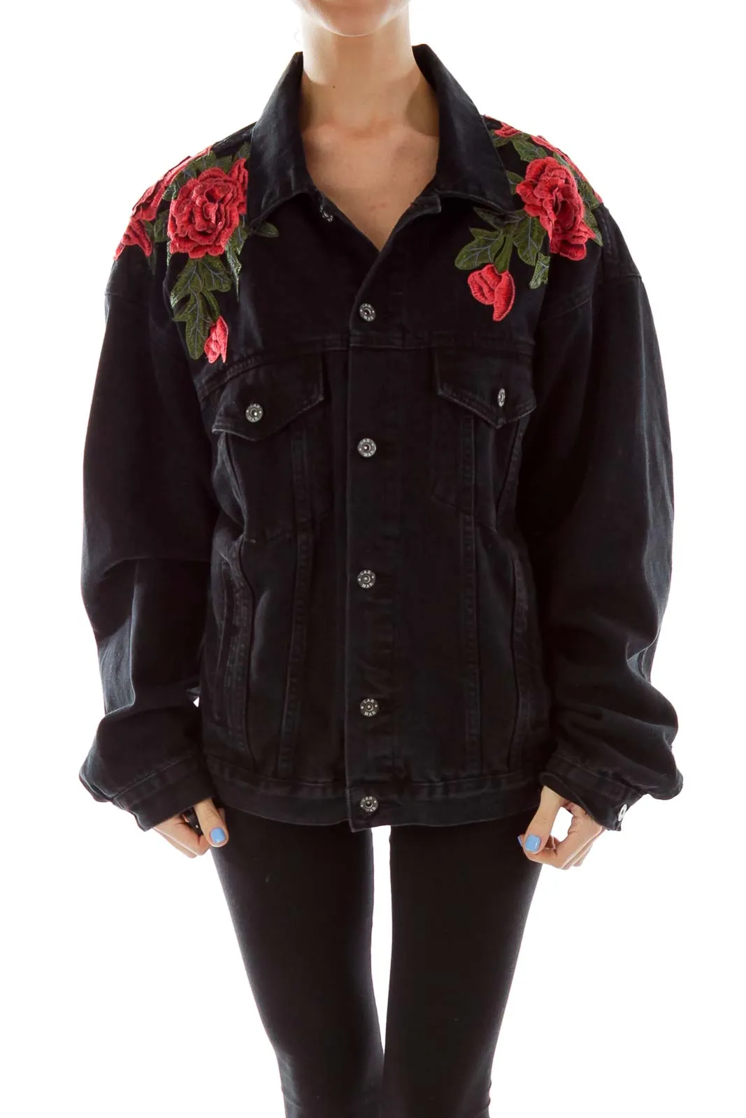 Black Embroidered Flower Prink Denim Jacket