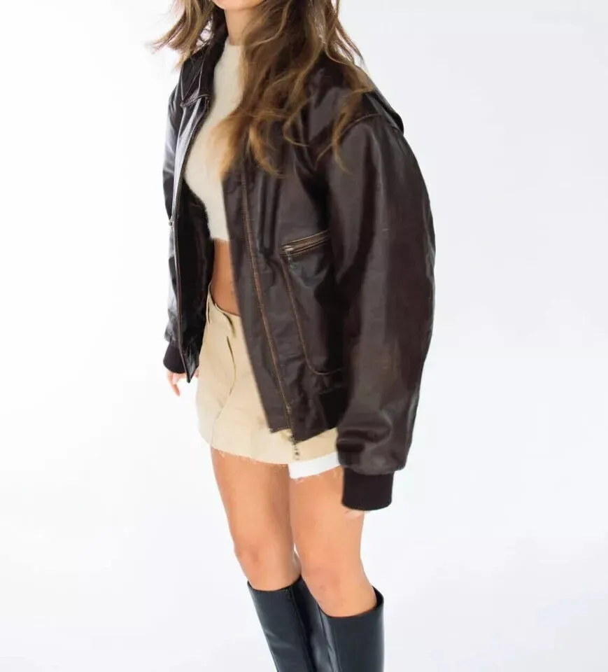 brown leather jacket women's oversized