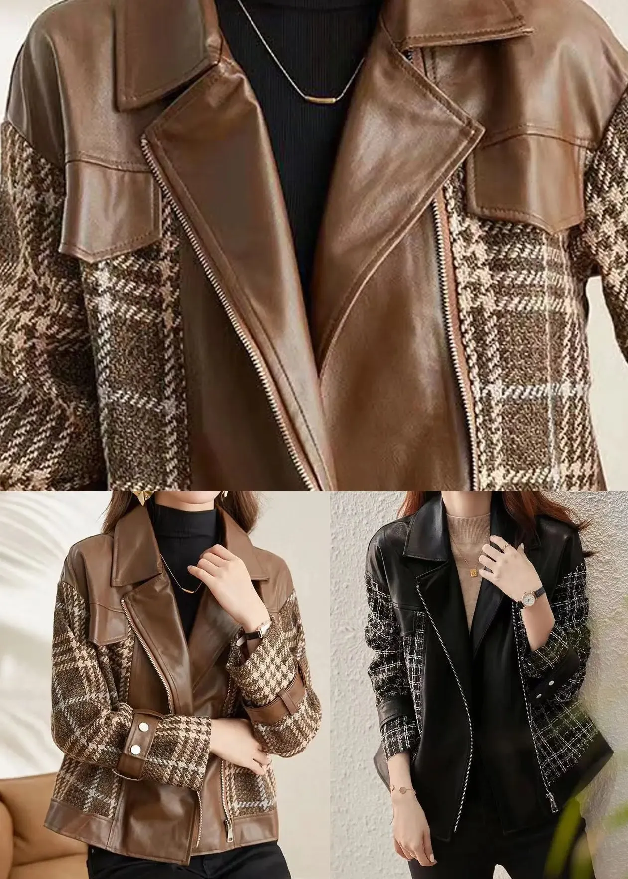 Coffee Patchwork Faux Leather Jackets Peter Pan Collar Zippered Fall LY8332