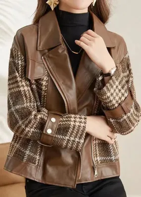 Coffee Patchwork Faux Leather Jackets Peter Pan Collar Zippered Fall LY8332