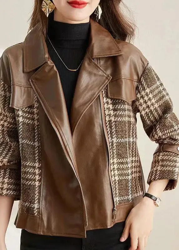 Coffee Patchwork Faux Leather Jackets Peter Pan Collar Zippered Fall LY8332