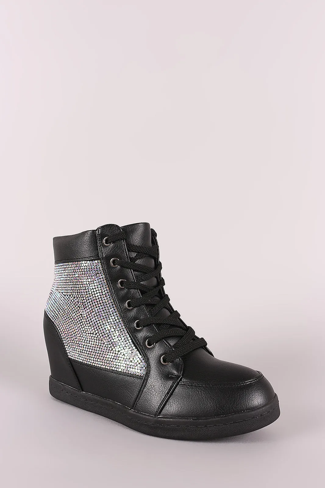 Cracked Metallic High Top Lace Up Wedge Sneaker