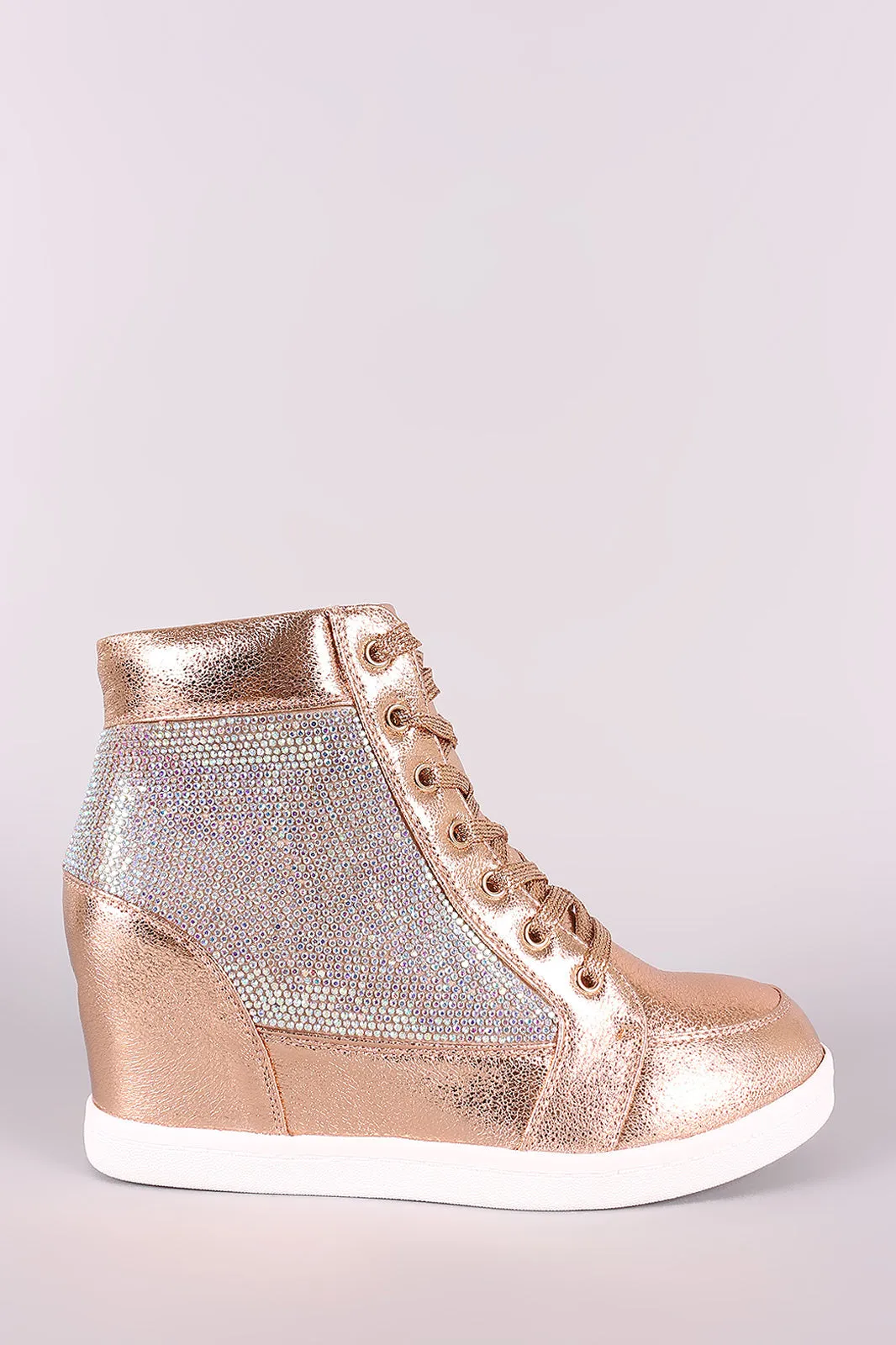 Cracked Metallic High Top Lace Up Wedge Sneaker