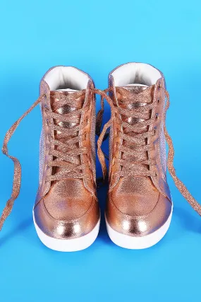 Cracked Metallic High Top Lace Up Wedge Sneaker