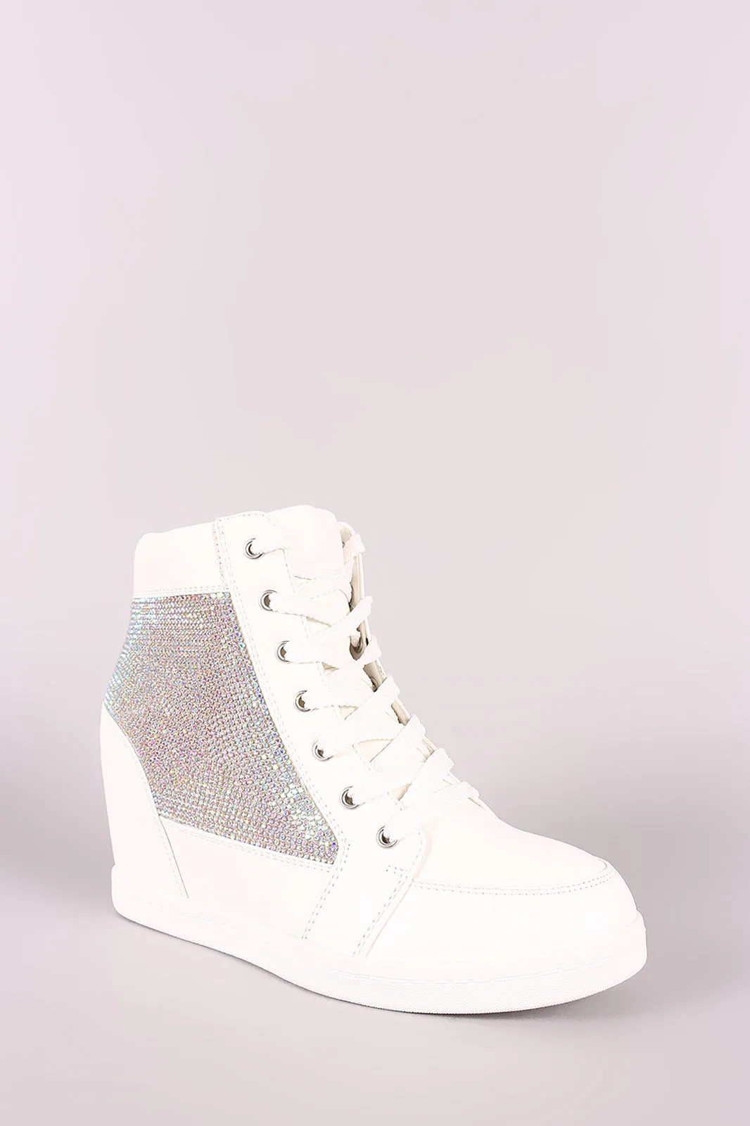 Cracked Metallic High Top Lace Up Wedge Sneaker