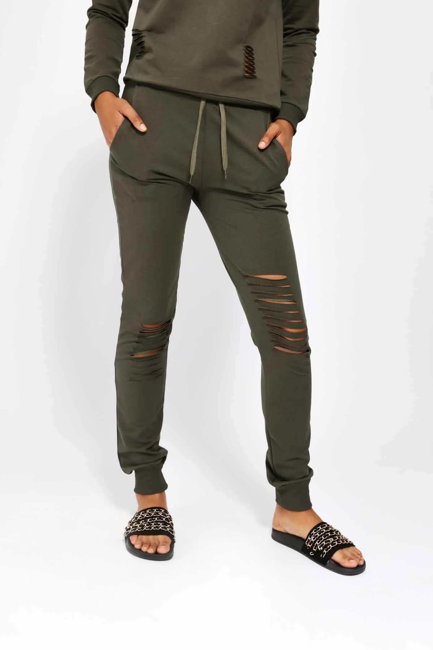 Khaki Ripped Knee Sweat Joggers