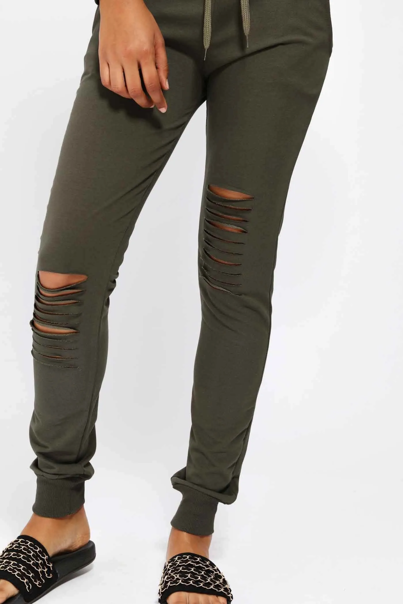 Khaki Ripped Knee Sweat Joggers