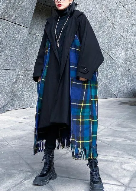 Luxury Loose fitting Jackets & Coats patchwork coat blue plaid tassel woolen outwear