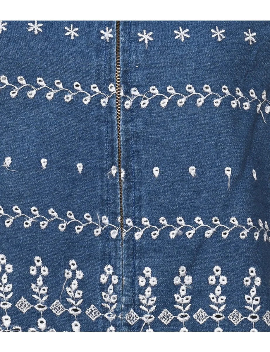 Medium Wash Denim Embroidered Waistcoat - M