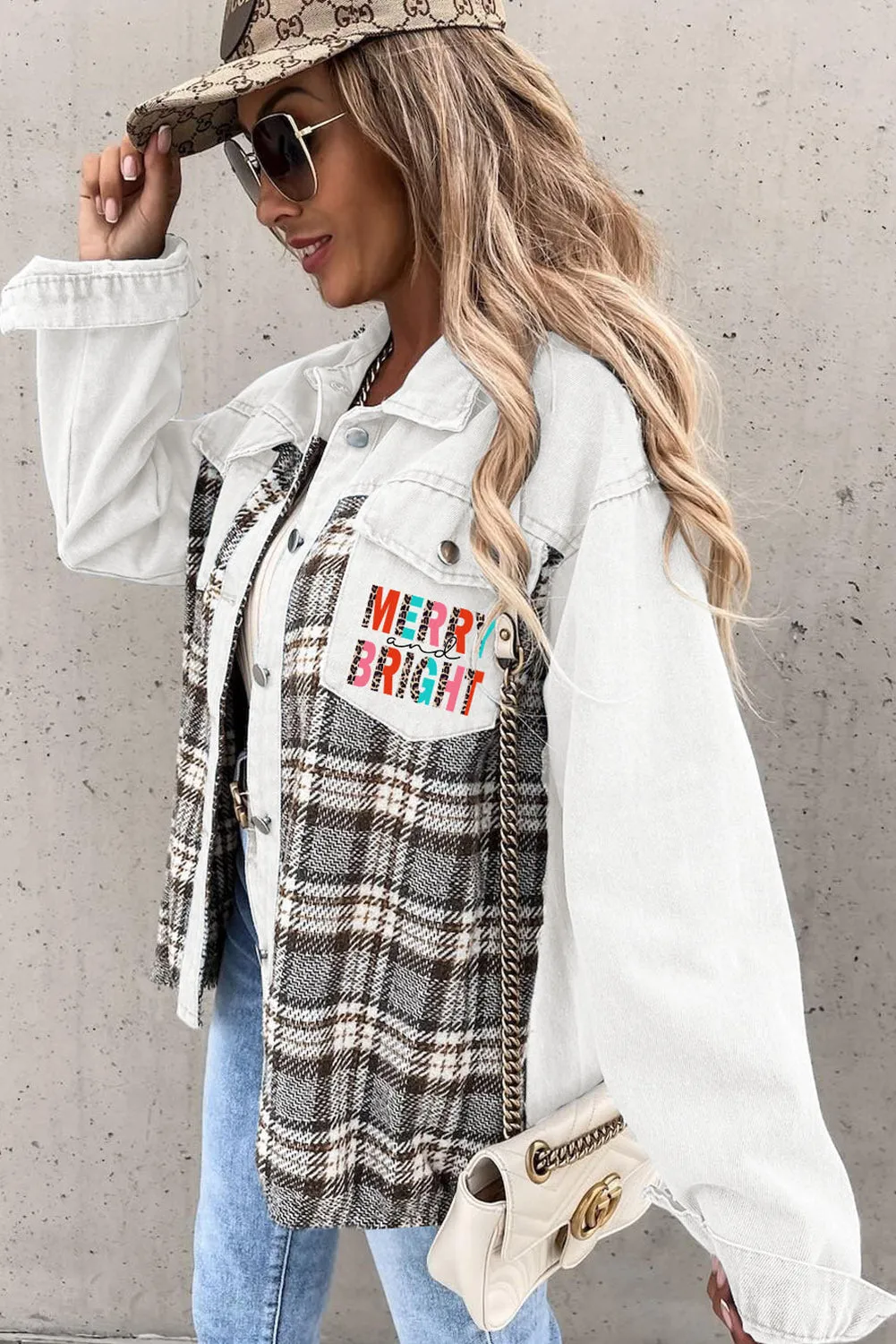 MERRY and BRIGHT Plaid Splicing Denim Jacket