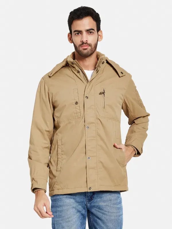 Mettle Men Khaki Striped Longline Denim Jacket