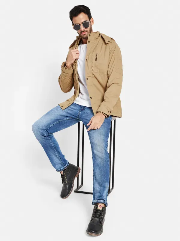 Mettle Men Khaki Striped Longline Denim Jacket