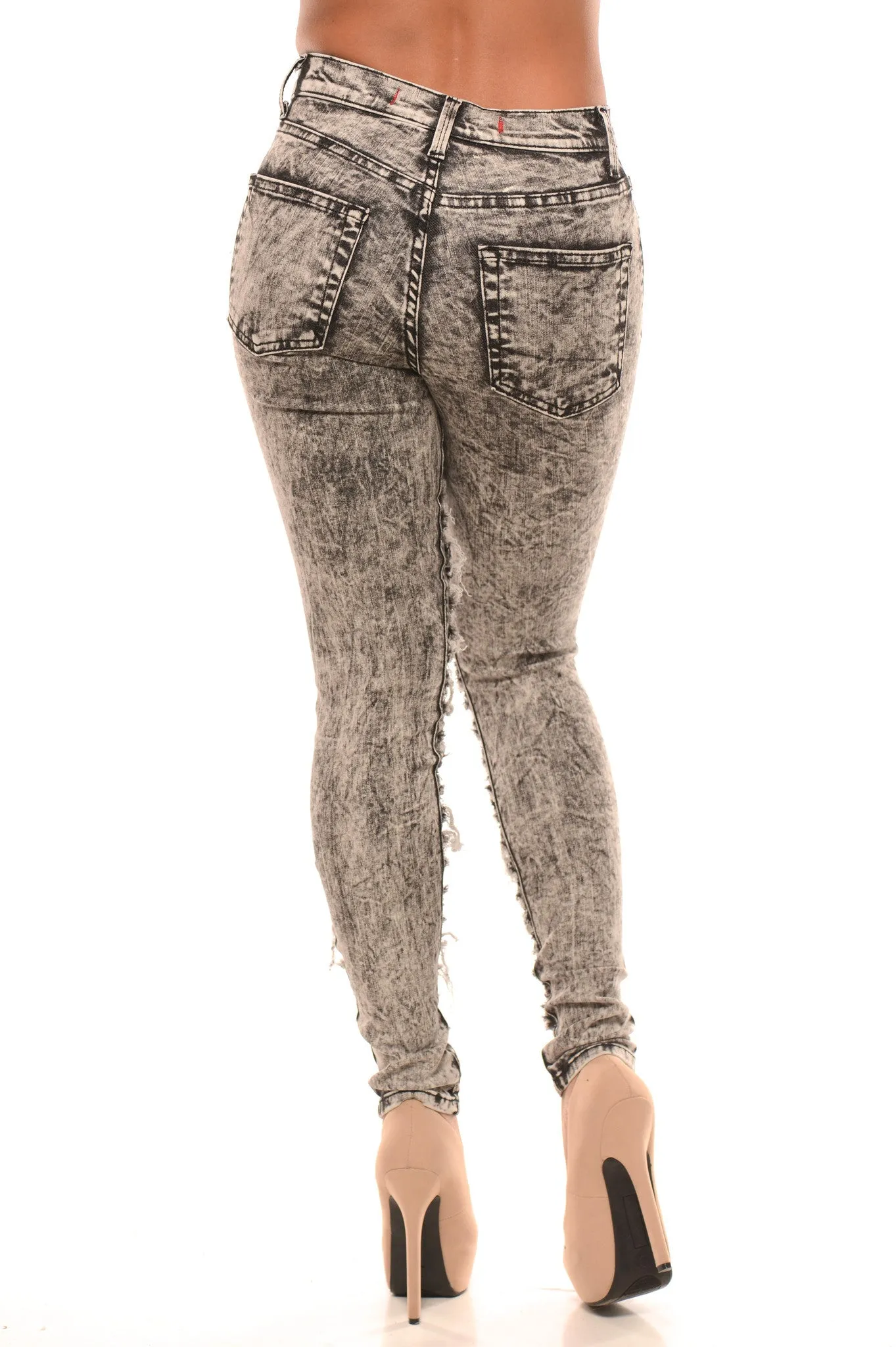 Mid Rise Black Acid Wash Distressed Jeans