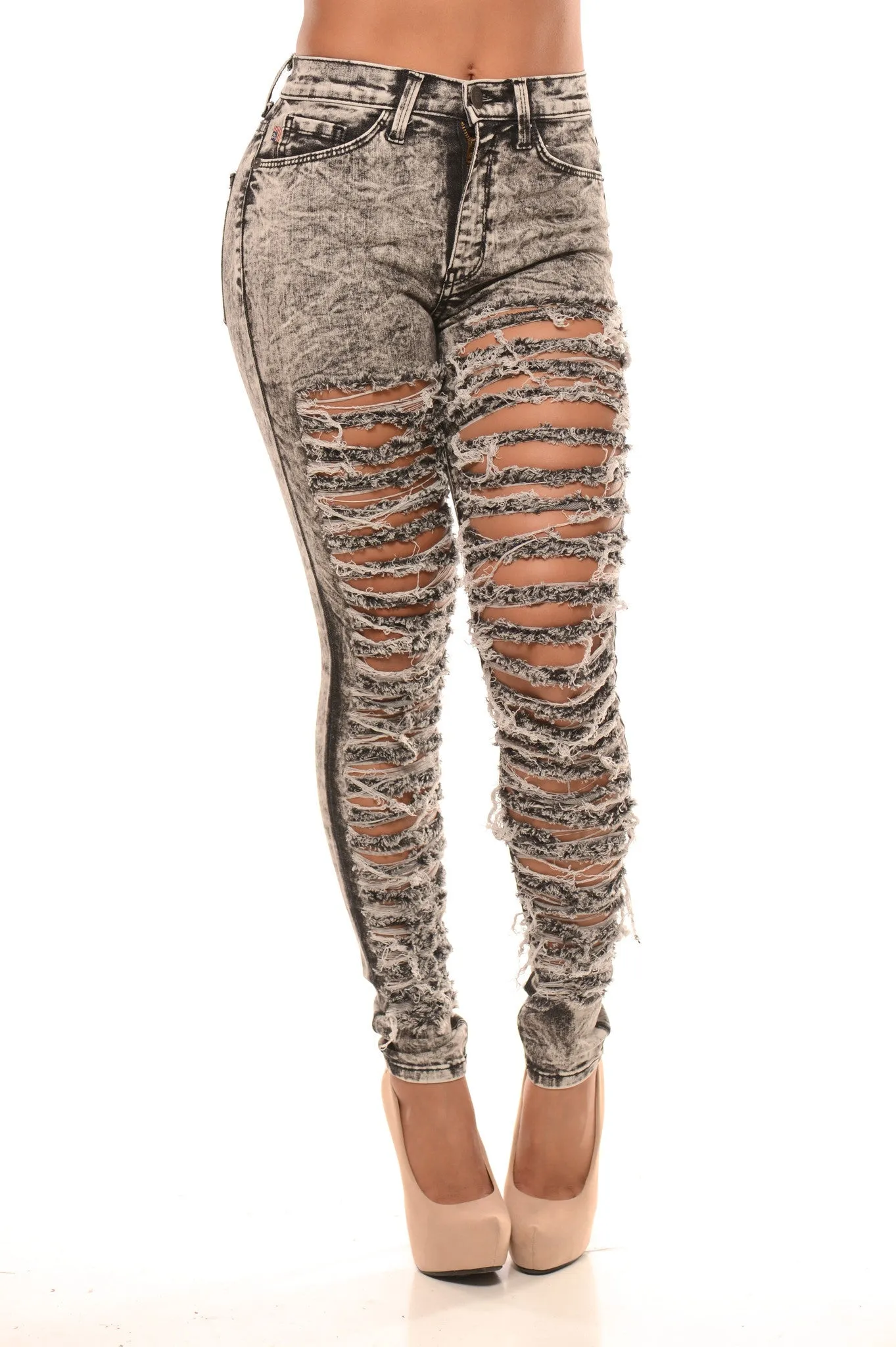 Mid Rise Black Acid Wash Distressed Jeans