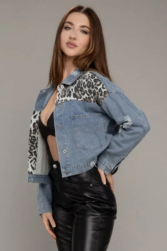 NUVI APPAREL Leopard Patchwork Denim Jacket