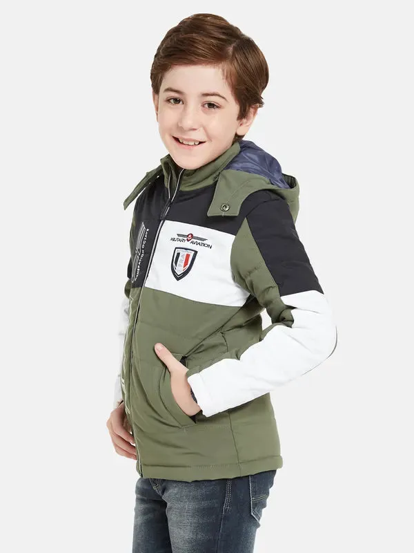 Octave Boys Olive Green Camouflage Crop Padded Jacket With Patchwork