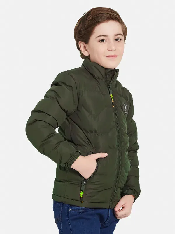 Octave Boys Olive Green Padded Jacket With Patchwork