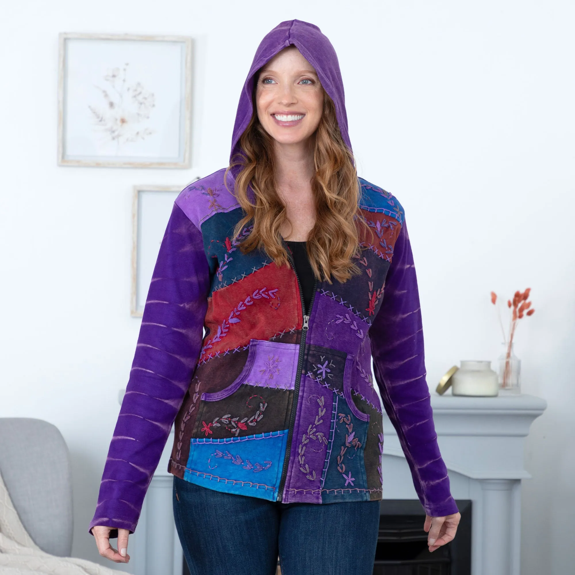 Patchwork Stitched Vine Hooded Jacket with Pockets | Fair Trade