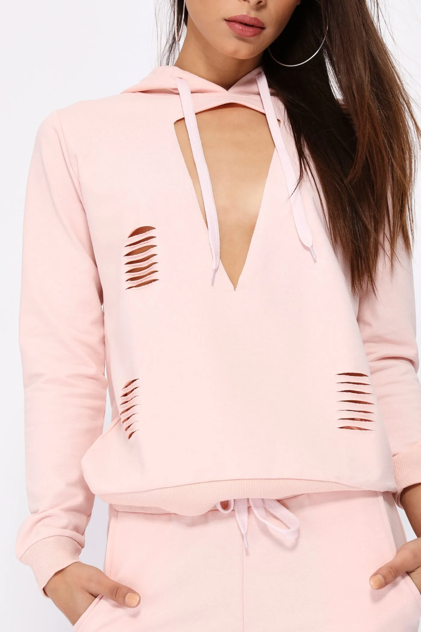 Pink Cut-Out Ripped Front Hoodie