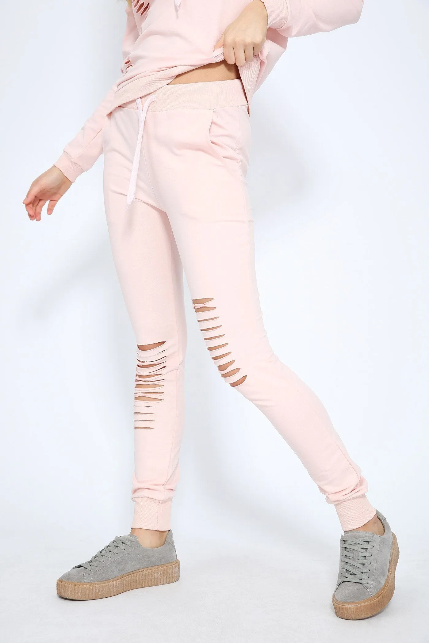 Pink Distressed Jogger With Ribbed Waist And Cuff