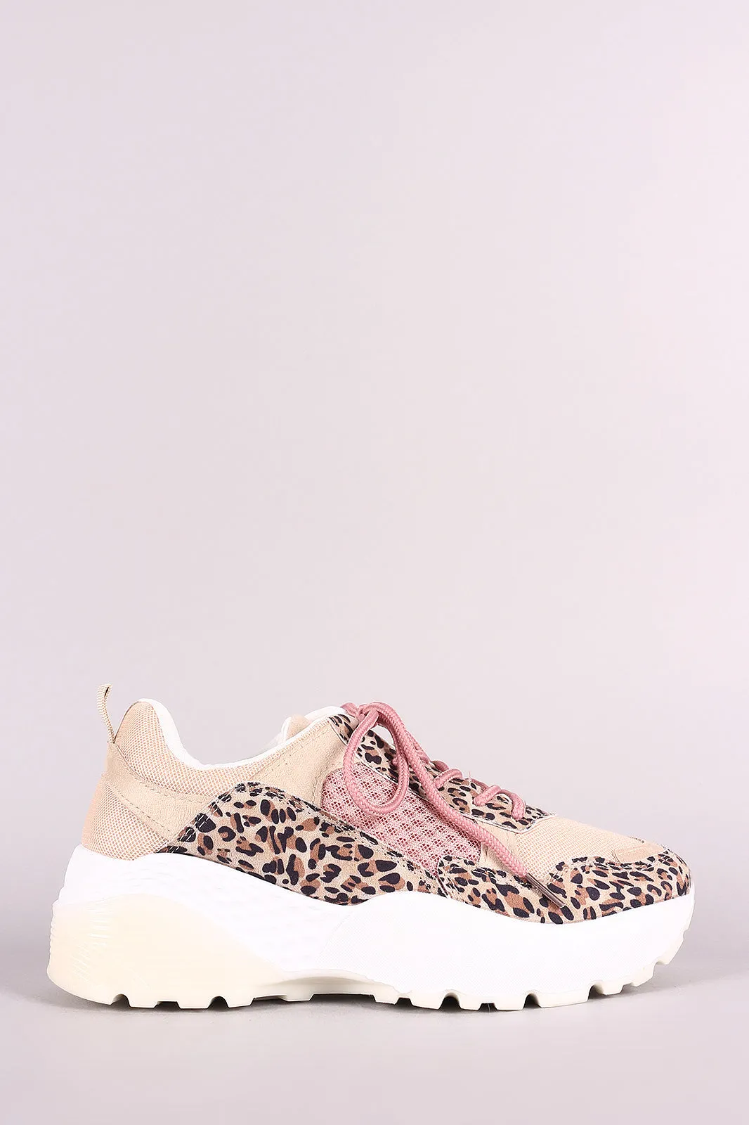 Qupid Mesh Leopard Trim Lug Sole Platform Sneaker