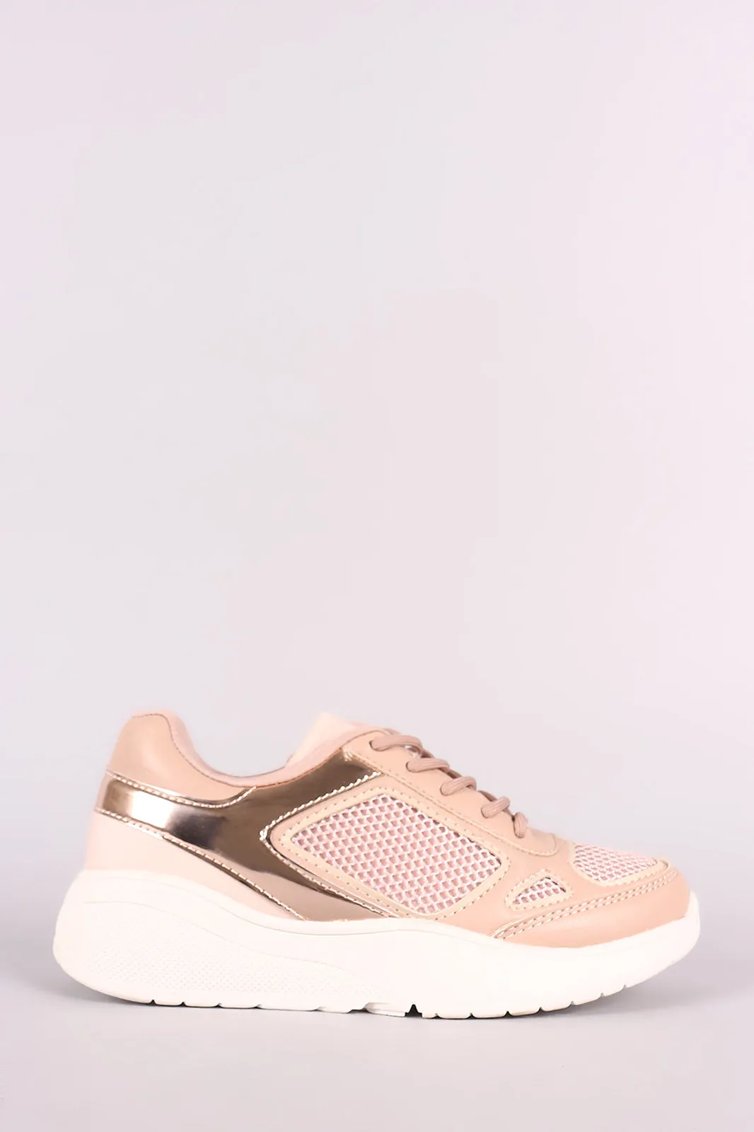 Qupid Mesh Trim Round Toe Lace-Up Sneaker