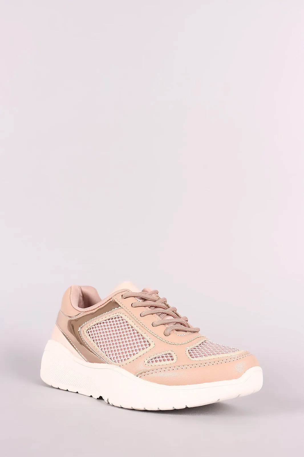 Qupid Mesh Trim Round Toe Lace-Up Sneaker