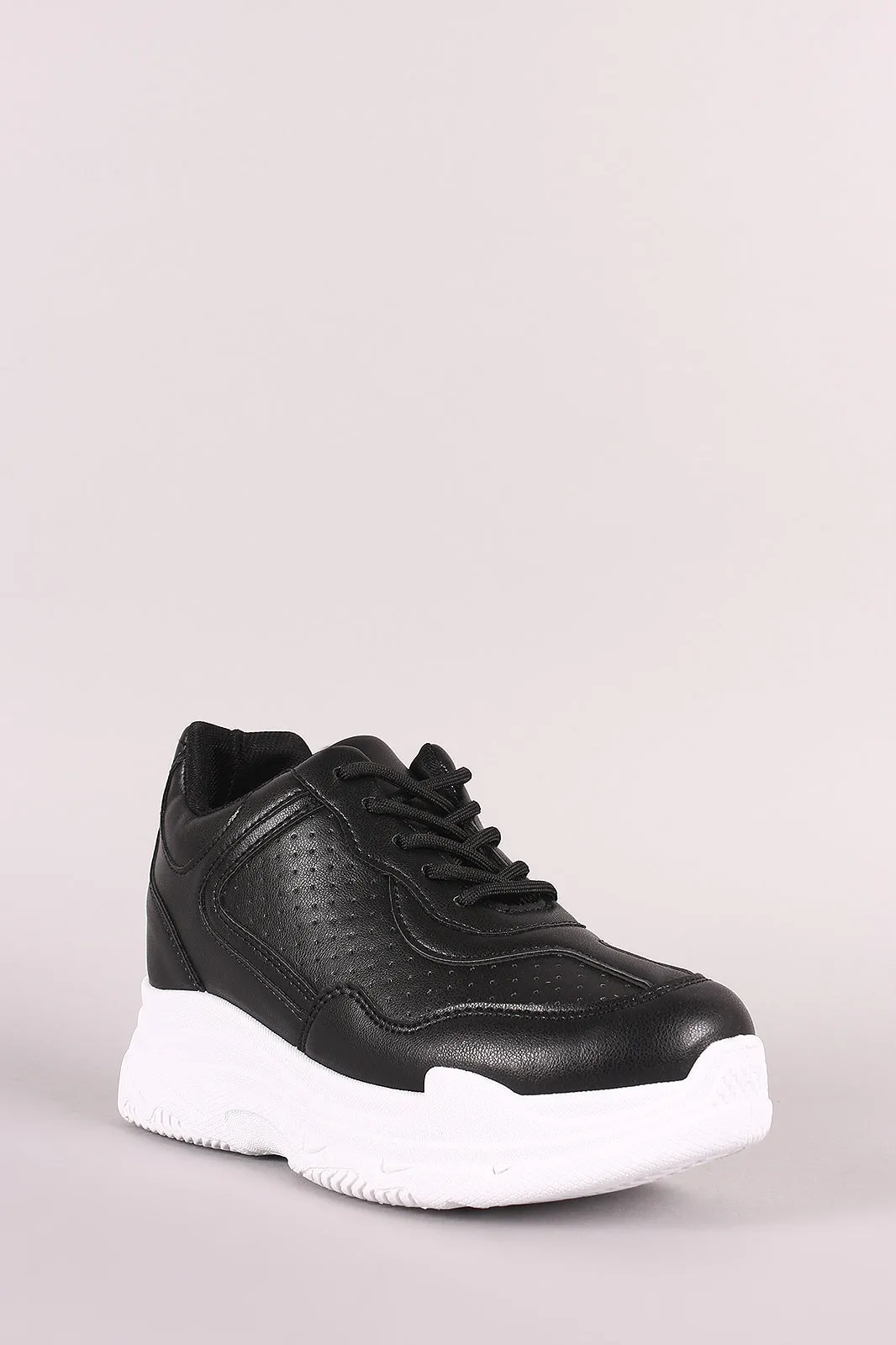 Qupid Perforated Lace-Up Platform Hidden Wedge Sneaker