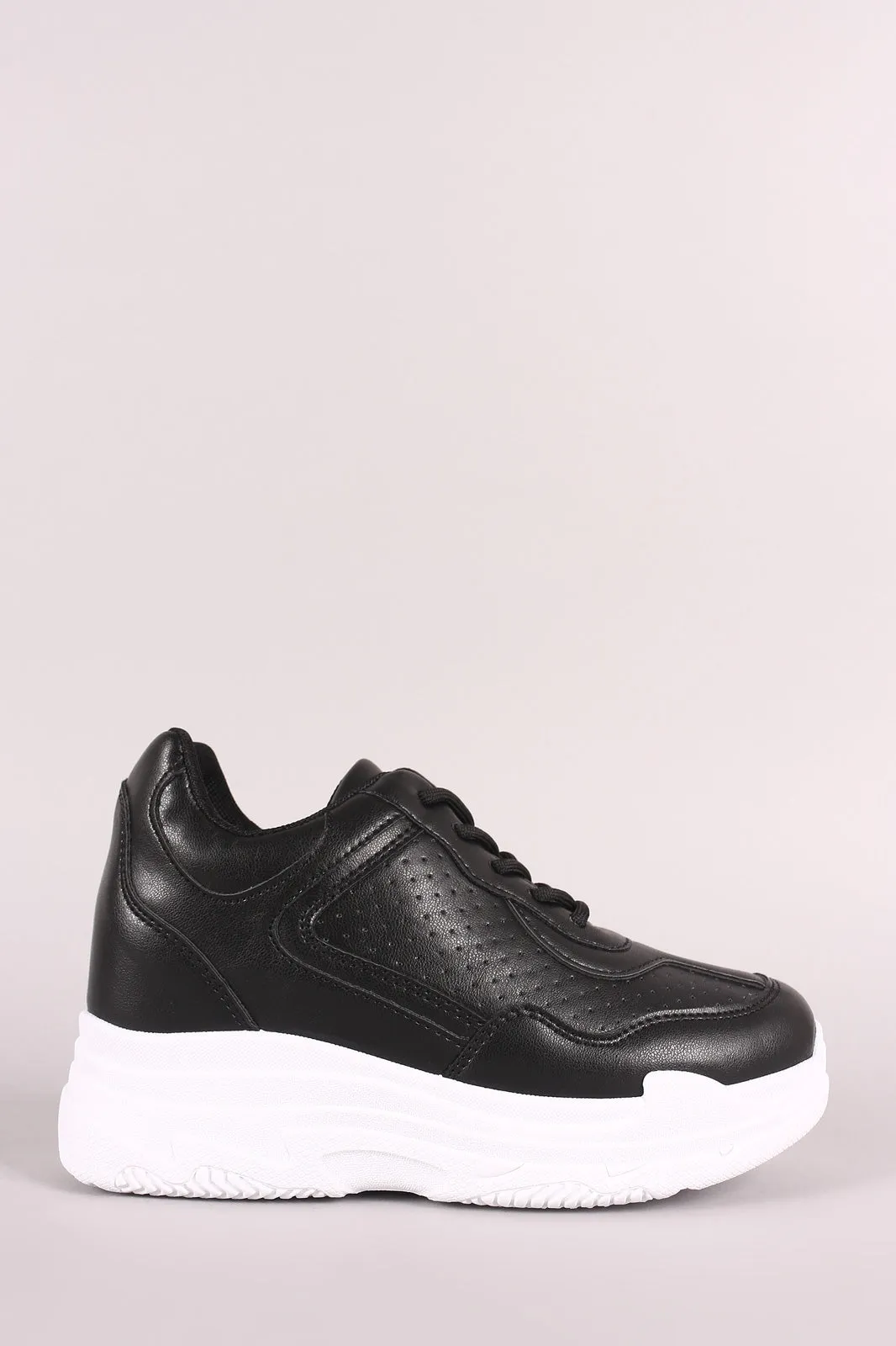 Qupid Perforated Lace-Up Platform Hidden Wedge Sneaker