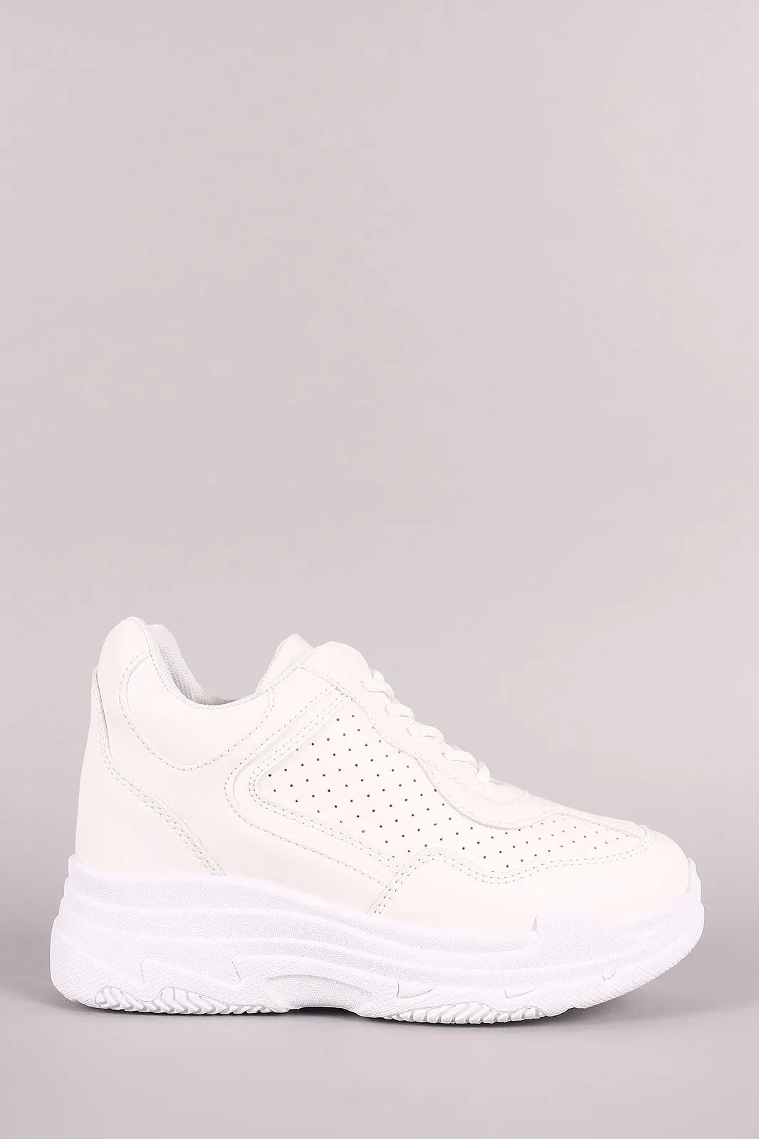 Qupid Perforated Lace-Up Platform Hidden Wedge Sneaker