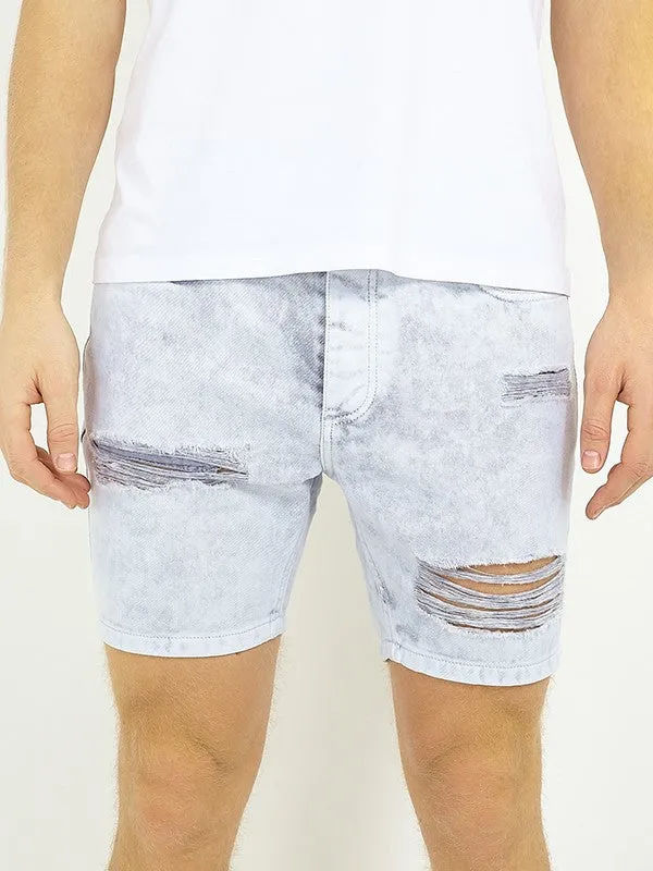 RIPPED KNEE BLEACHED DENIM SHORTS