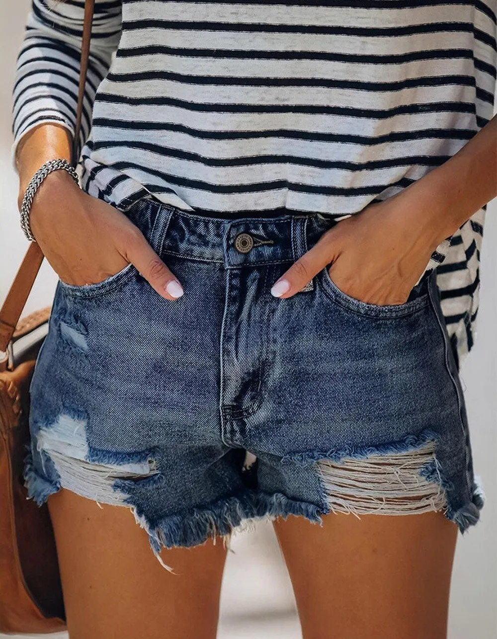 Solid-color fringe Ripped Button Pocket High-stretch Denim Shorts