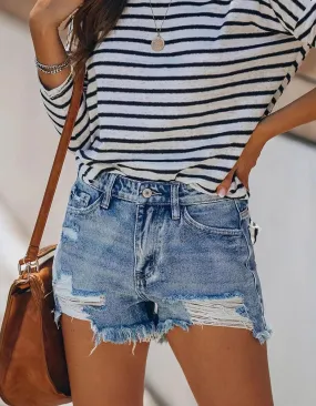 Solid-color fringe Ripped Button Pocket High-stretch Denim Shorts