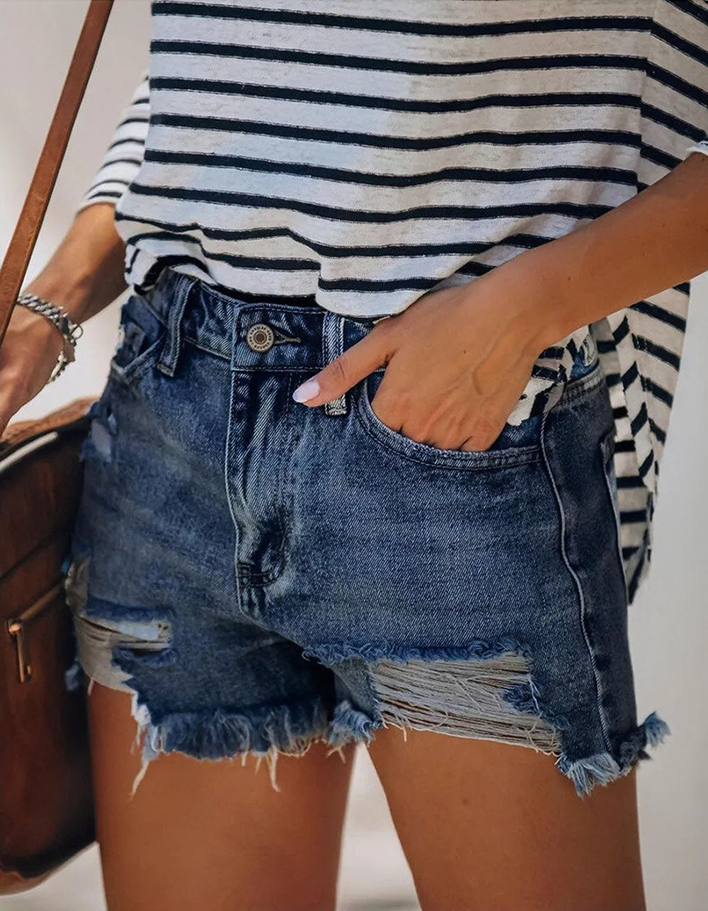 Solid-color fringe Ripped Button Pocket High-stretch Denim Shorts