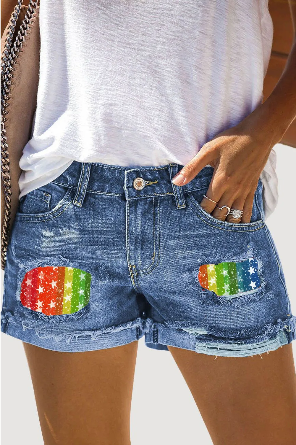 Star Rainbow Print Denim Shorts Womens Pride LGBT Jeans Shorts