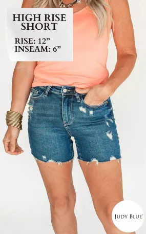 The Jeanne High Waist Mild Destroy Cut Offs Mid Length Denim Shorts (REG/CURVY) | Judy Blue - Final Sale