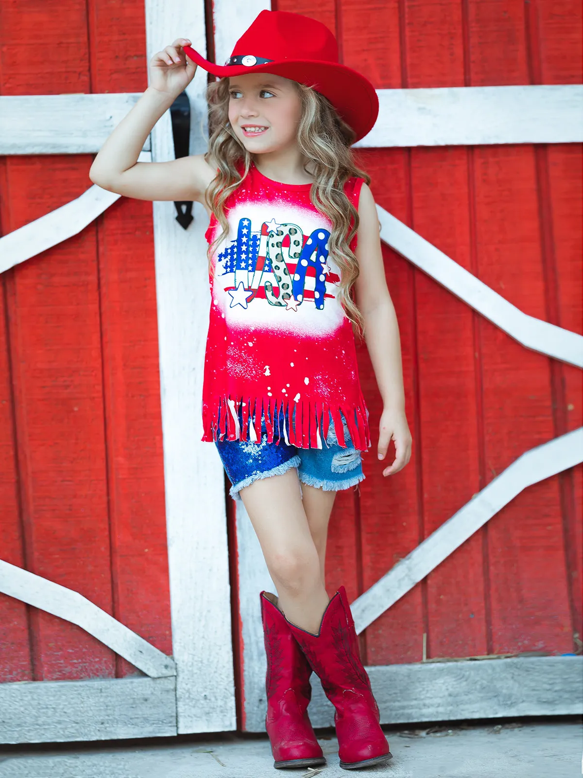 USA Sparkle Sequin Denim Shorts Set