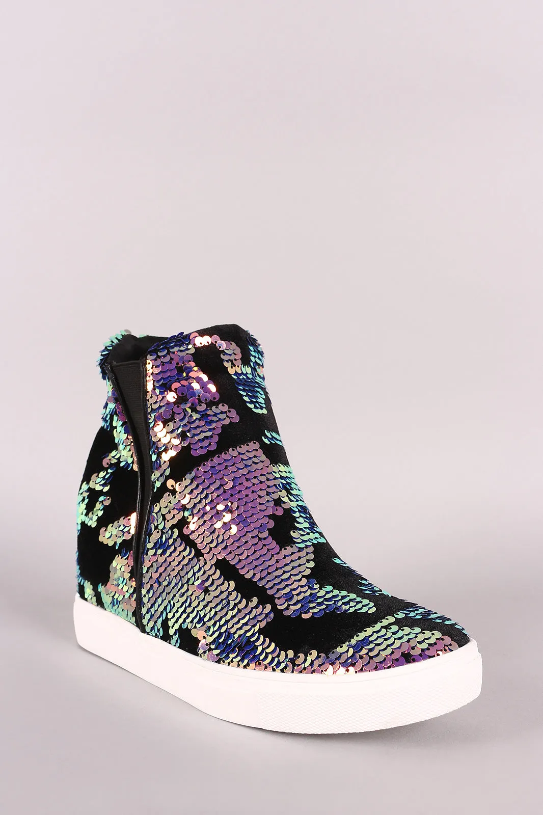 Velvet Holographic Sequins High Top Wedge Sneaker