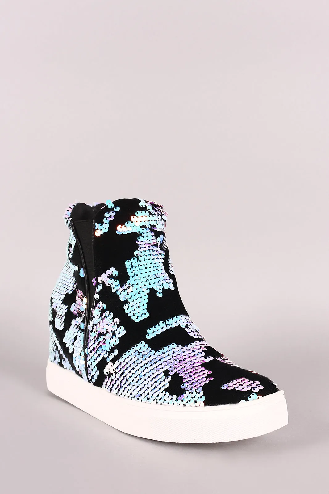 Velvet Holographic Sequins High Top Wedge Sneaker