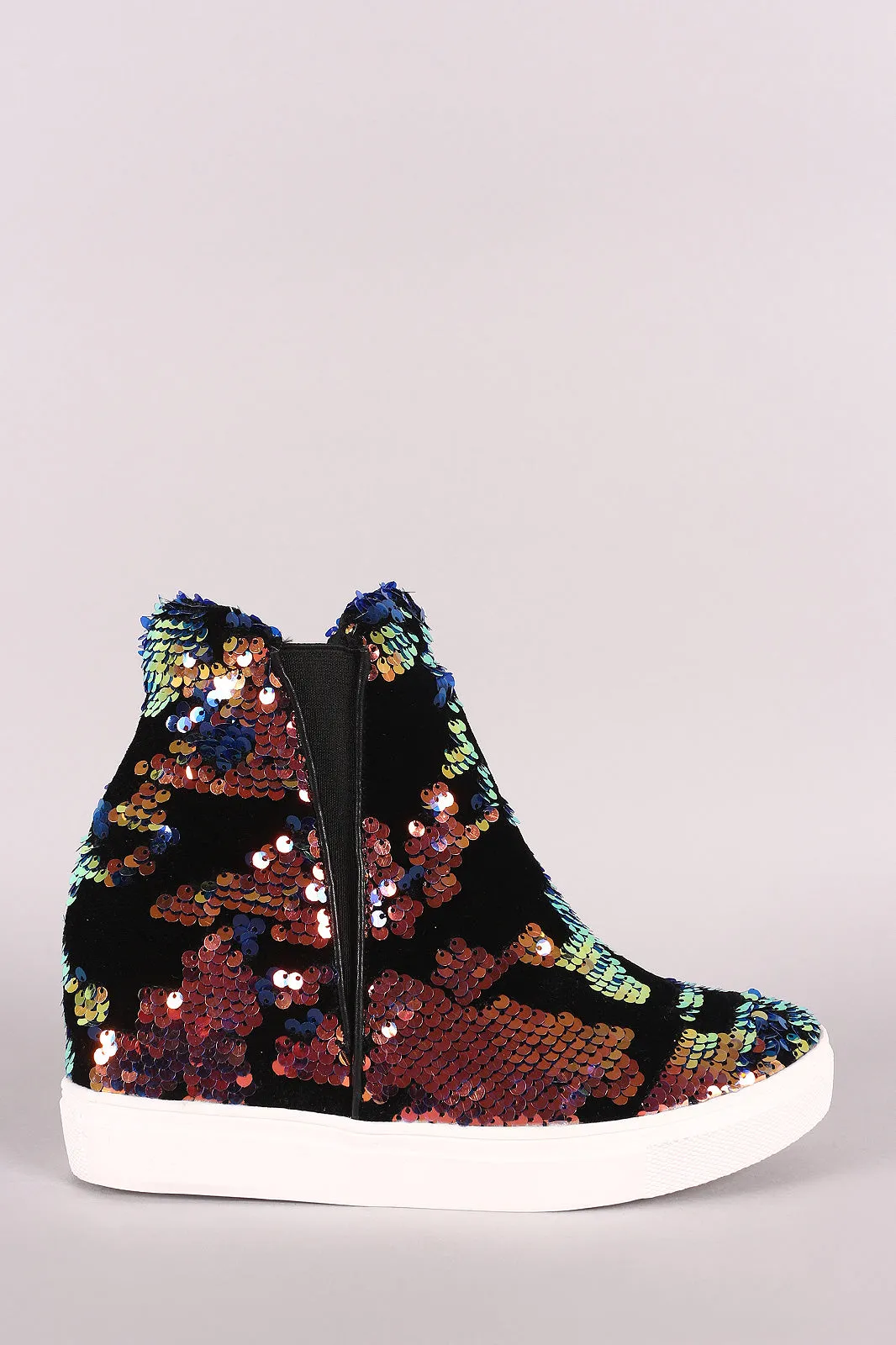 Velvet Holographic Sequins High Top Wedge Sneaker