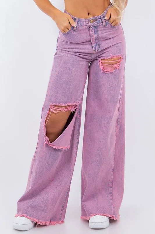 Vintage Ripped Wide Leg jean in Mineral Pink